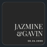 Black Minimalist Modern Personalised Wedding Square Sticker<br><div class="desc">Add a sophisticated finishing touch to your celebration with our Black Minimalist Modern Personalised Wedding Square Sticker. Designed with a sleek, clean layout and timeless black-and-white palette, this square sticker brings a refined, contemporary edge to your wedding stationery or favours. Whether you're sealing envelopes, decorating treat bags, or customising party...</div>