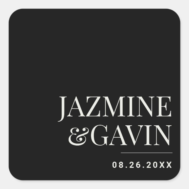 Black Minimalist Modern Personalised Wedding Square Sticker (Front)