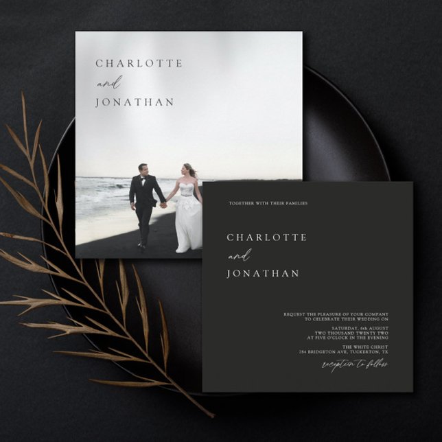 Black Minimalist Modern Photo Square Wedding Invitation (Creator Uploaded)