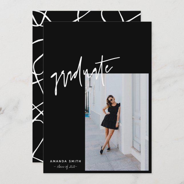Black Minimalist Modern Script Photo Graduation Announcement (Front/Back)