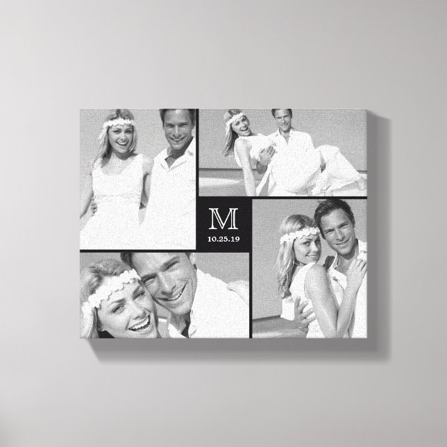 Black Minimalist Monogram Wedding 4 Photo Collage Canvas Print (Front)