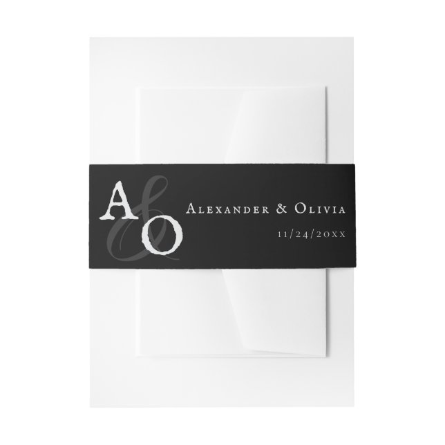 Black Minimalist Monogram Wedding Invitation Belly Band (Front Example)