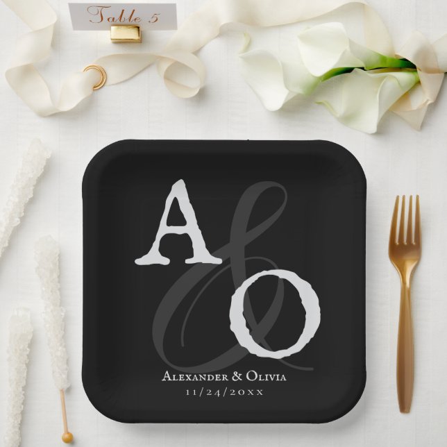 Black Minimalist Monogram Wedding Paper Plate (Wedding)
