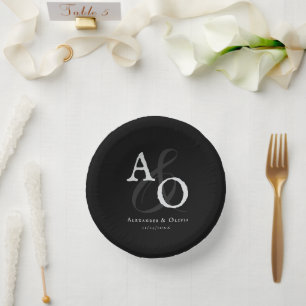 Black Minimalist Monogram Wedding Paper Plate