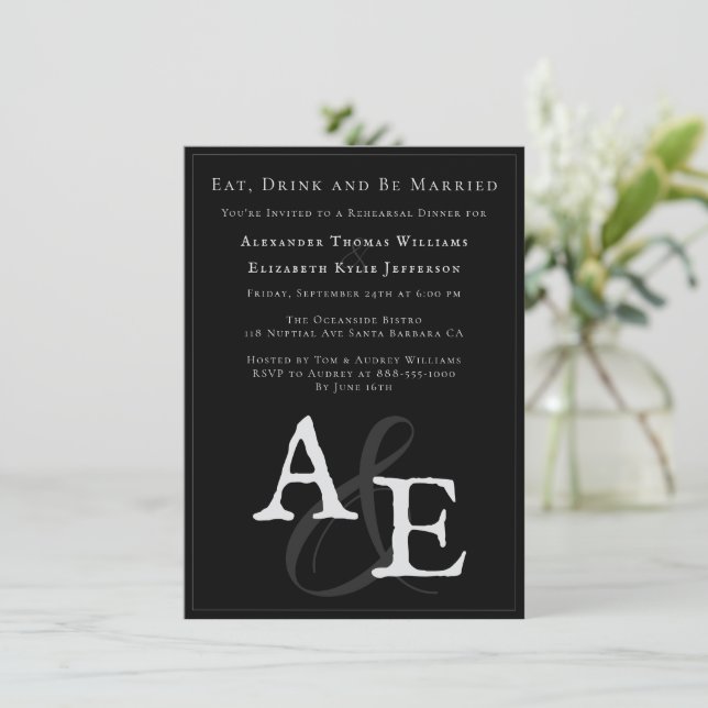 Black Minimalist Monogram Wedding Rehearsal Dinner Invitation (Standing Front)