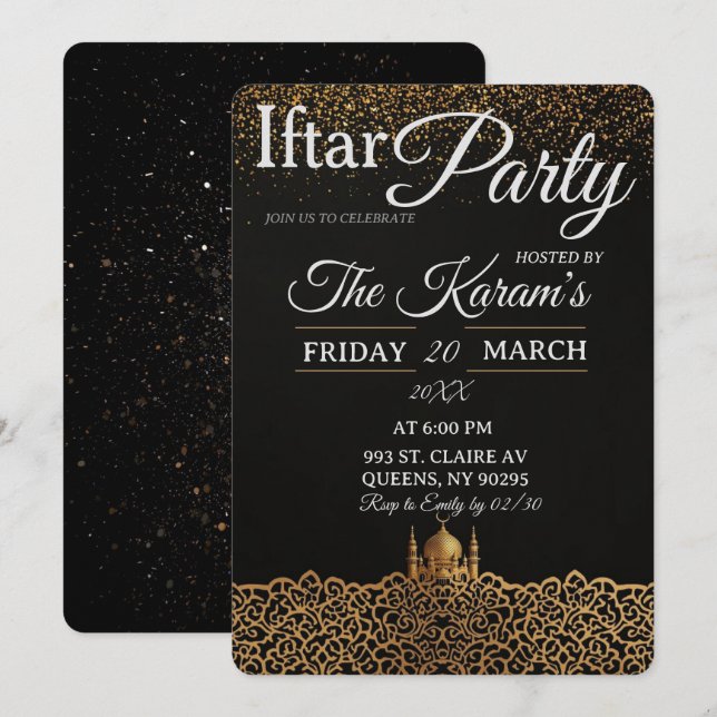 Black Minimalist Mosque Ramadan Iftar Party  Invitation (Front/Back)