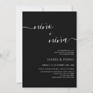 Black Minimalist Nino o Nina Spanish Gender Reveal Invitation