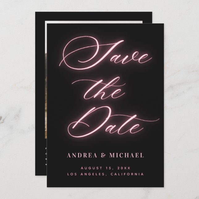 Black Minimalist Pink Neon Photo & QR Code Wedding Save The Date (Front/Back)