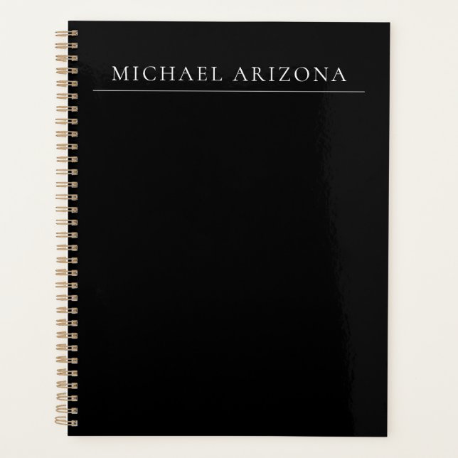 Black Minimalist Plain Modern Own Name Planner (Front)