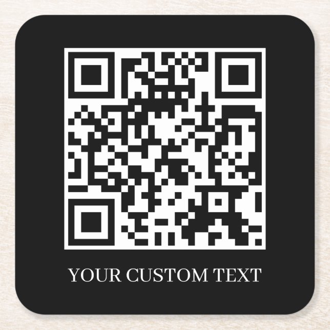 Black Minimalist QR | Custom Scan Me Design Square Paper Coaster (Front)