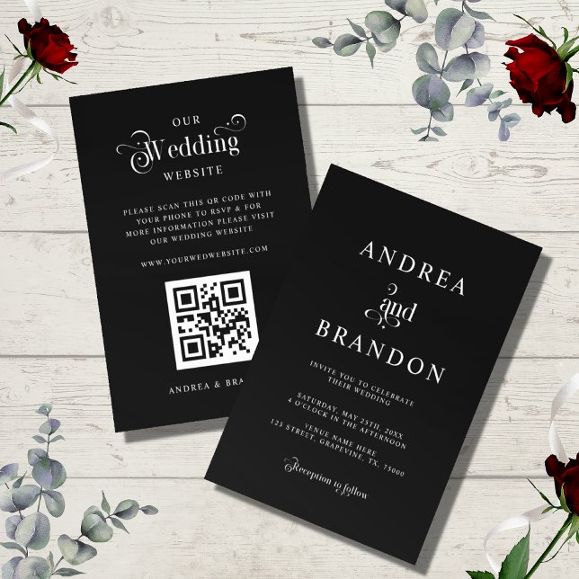 Black Minimalist Retro QR Code Wedding All in One Invitation (Creator Uploaded)