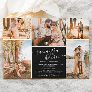Black minimalist script 6 photos wedding invitation