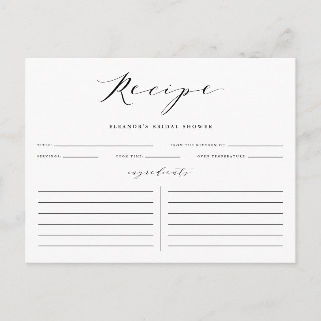 Black Minimalist Script Bridal Shower Recipe Card (Front)