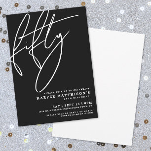 Black Minimalist Script Fifty 50th Birthday Party Invitation