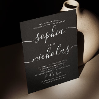 Black minimalist script wedding engagement party invitation
