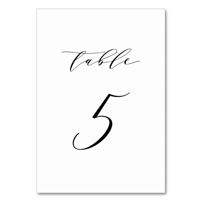 Black Minimalist Script Wedding Table Number 5 (Front)