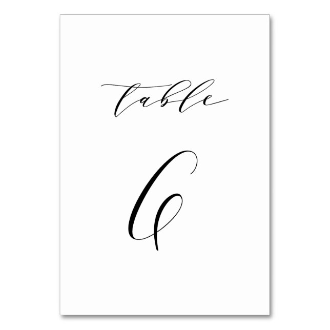 Black Minimalist Script Wedding Table Number 6 (Front)