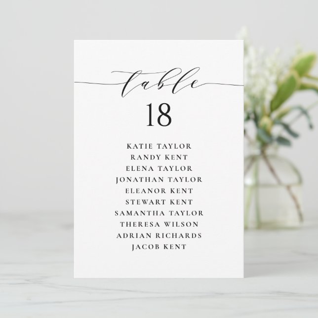 Black Minimalist Script Wedding Table Seating Invitation (Standing Front)