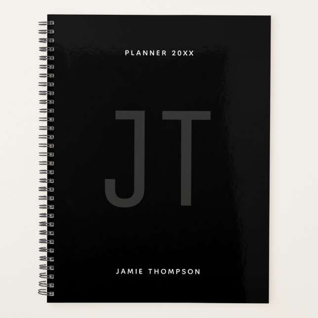 Black Minimalist Simple Modern Monogram Planner (Front)