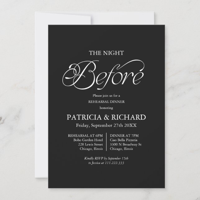 Black Minimalist The Night Before Rehearsal Dinner Invitation (Front)