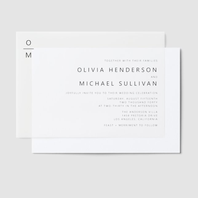 Black Minimalist Typography Monogram Wedding Vellum Invitations (Offset)