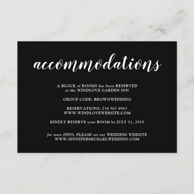 Black Minimalist Wedding Accommodations Enclosure Card (Front)