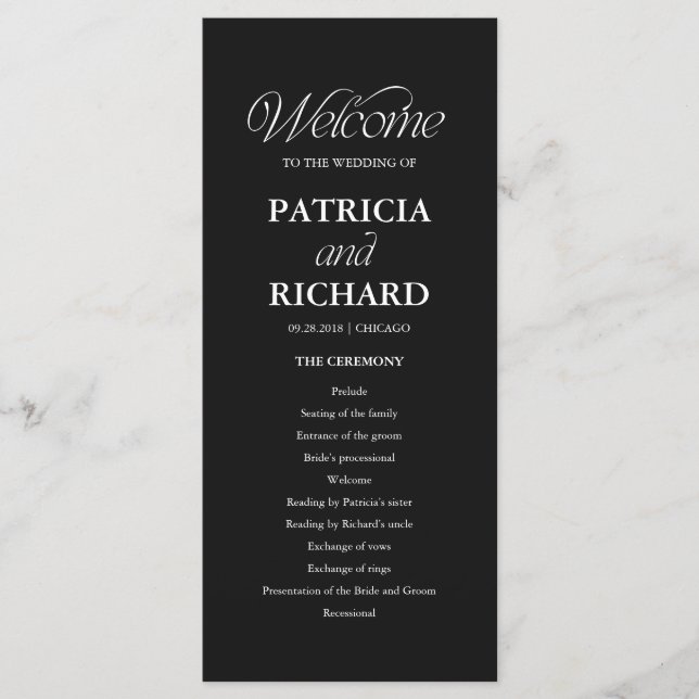 Black Minimalist Wedding Order of Service Program Programme (Front)
