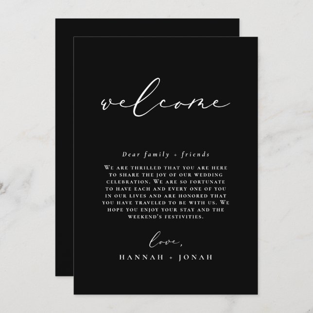 Black Minimalist Wedding program Welcome Bag card (Front/Back)