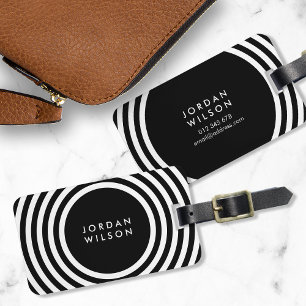 Black Minimalist White Circles Geometric Lines Luggage Tag