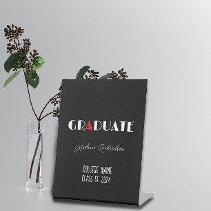 Black minimalist white red graduation name pedestal sign