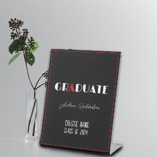 Black minimalist white red graduation name pedestal sign