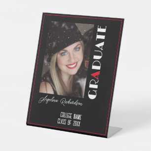 Black minimalist white red graduation name photo pedestal sign