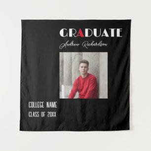 Black minimalist white red graduation name photo tapestry