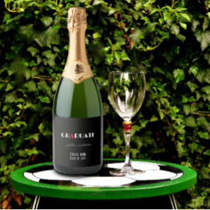 Black minimalist white red graduation name sparkling wine label