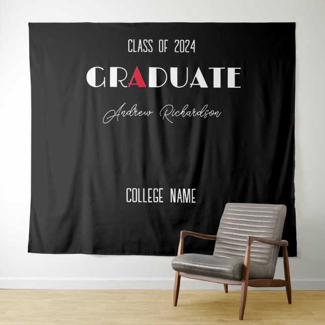 Black minimalist white red graduation name tapestry (In Situ (Horizontal))