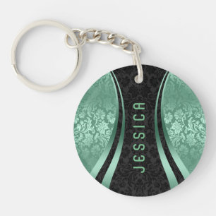 Black & Mint-Green Floral Damasks Pattern Key Ring