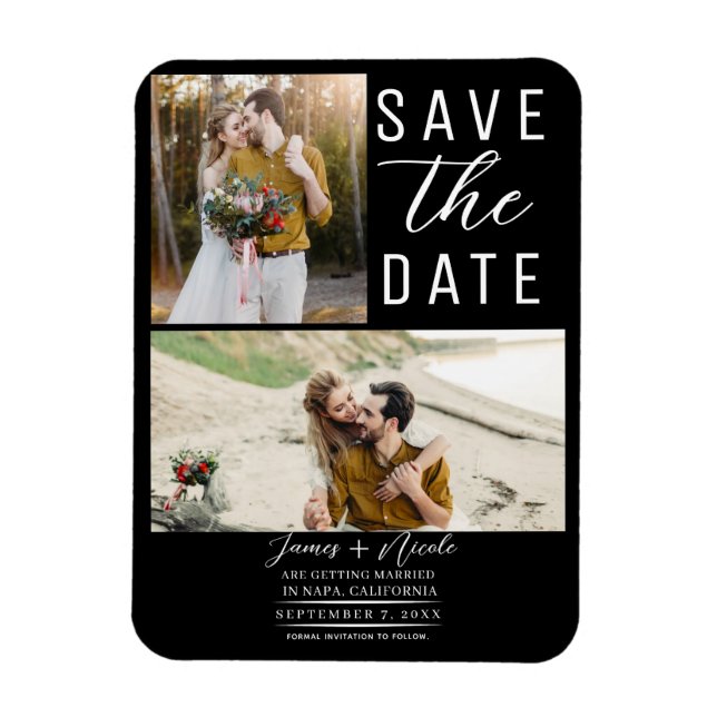 Black Modern 2 Photos Save the Date Wedding Magnet (Vertical)