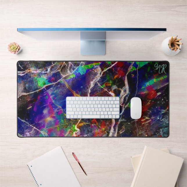 Black Modern Abstract Marble Colourful Neon Initia Desk Mat (Office 1)