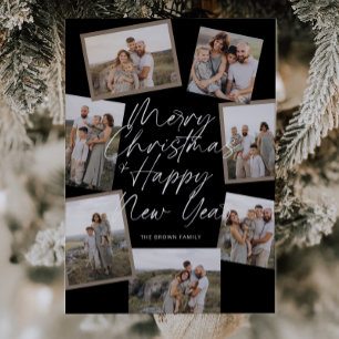 Black Modern Boho 8 Photo Collage Christmas  Holiday Card