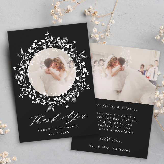 Black Modern Boho Wildflower Wedding 2 Photo  Thank You Card (Front & Back)