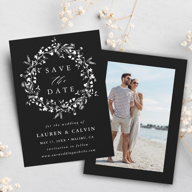 Black Modern Boho Wildflower Wedding Photo Save The Date (Front & Back)