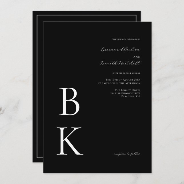 Black Modern Bold Monogram Typography Wedding Invitation (Front/Back)