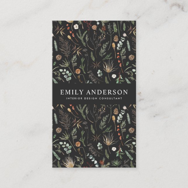 black modern botanical elegant contemporary  business card (Front)