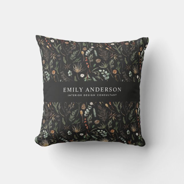 black modern botanical elegant contemporary  cushion (Front)