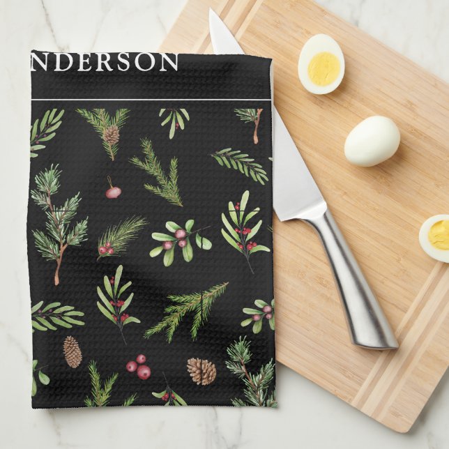 black modern botanical elegant contemporary tea towel (Quarter Fold)