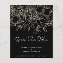black modern budget gold florals save the date