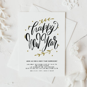 Black Modern Calligraphy and Wreath New Year Party Invitation