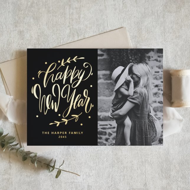 Black Modern Calligraphy and Wreath New Year Photo (Customizable photo gold foil Happy New Year card featuring modern calligraphy and wreath.)
