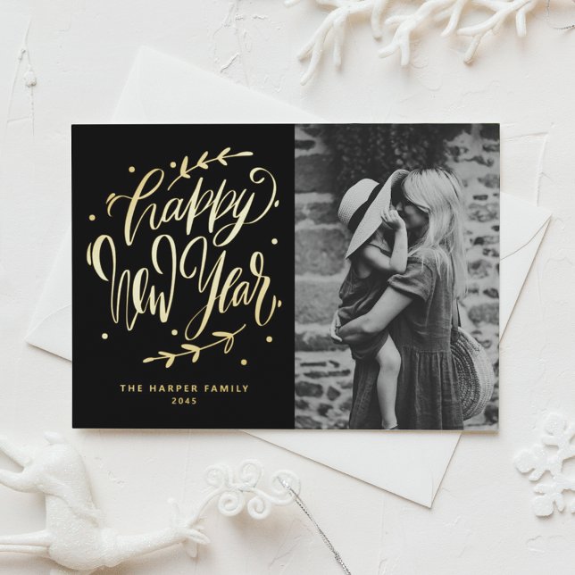 Black Modern Calligraphy and Wreath New Year Photo Foil Holiday Postcard (Customizable photo gold foil Happy New Year postcard featuring modern calligraphy and wreath.)