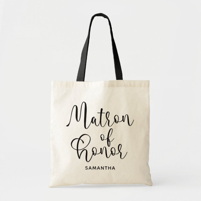 Black Modern Calligraphy Matron of Honour Tote Bag (Front)